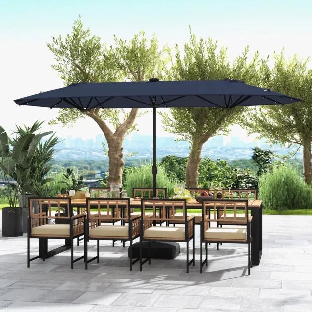 Guarda-sol jardim Duplo 4 x 2 m com Luzes Solares com base e Manivela Azul Marinho