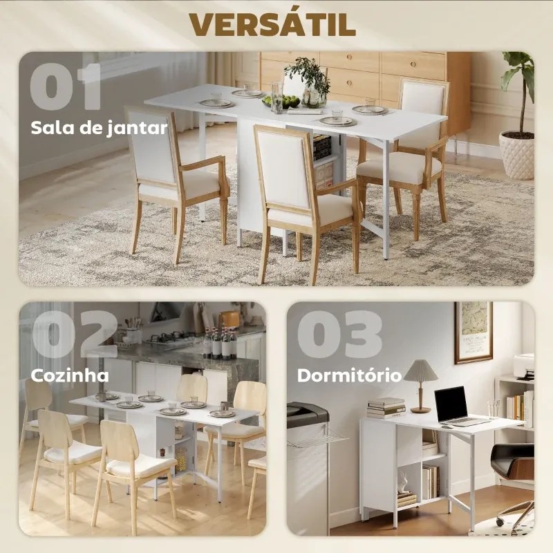 Mesa de Cozinha Dobrável com Arrumação (CADEIRAS NÃO INCLUIDAS) Mesa de Refeição Compacta com 4 Prateleiras 169x60x75 cm Branco