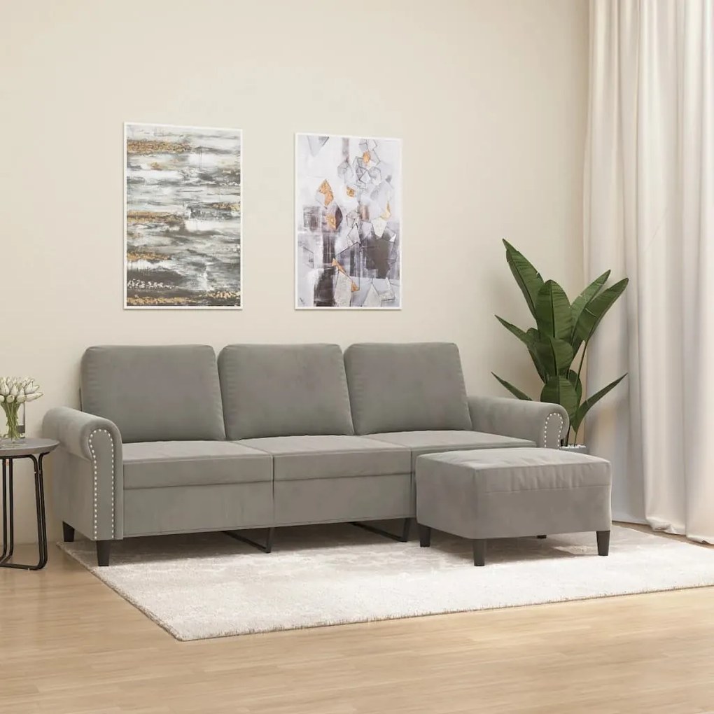 vidaXL Sofá de 3 lugares com apoio de pés 180 cm veludo cinzento-claro