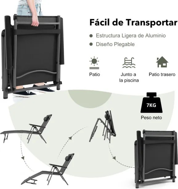 Conjunto de 2 Espreguiçadeiras de Exterior Reclináveis, 140,5 x 65 x 94 cm, 8 Posições Ajustáveis, Cinzento