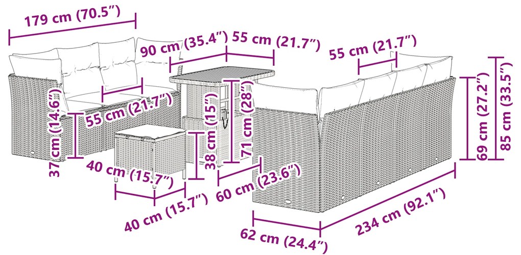 Conjunto de Sofás para Jardim de 10 Peças com Almofadas Bege Rattan Ac