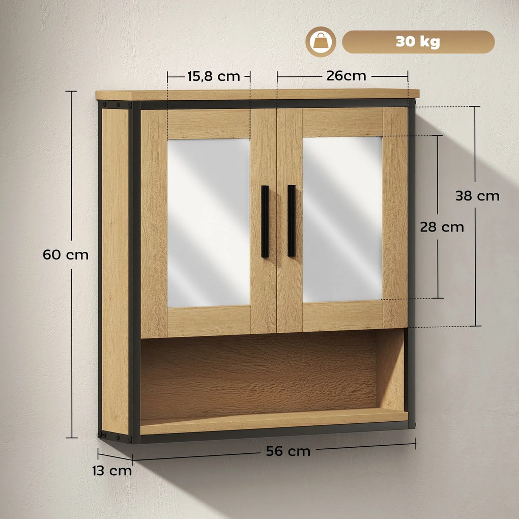 Armário de parede para casa de banho com espelho 56 x 13 x 60 cm, móvel de casa de banho com compartimento aberto e prateleira ajustável, cor carvalho