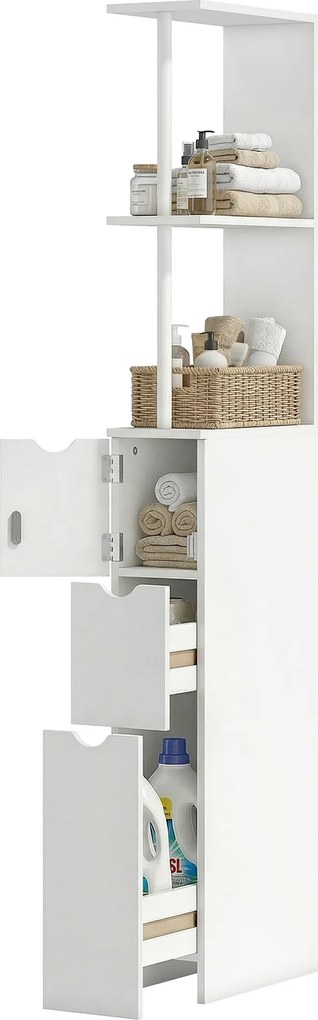 Armário Coluna de Casa de Banho, 15 x 33 x 136,8 cm, Prateleiras Abertas e Gavetas, Branco