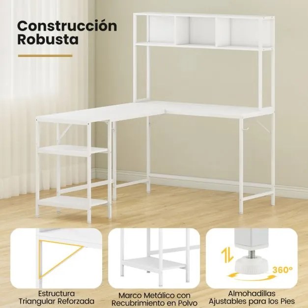 Secretária em forma de L  150 x 120 x 148 cm com compartimento de canto para computador com prateleiras e gancho para auscultadores com estante Branca