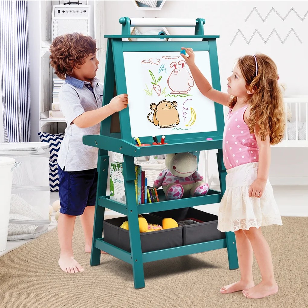 Quadro infantil de dupla face 3 em 1 com 2 Prateleiras 2 Caixas e Bandeja Grande 59 x 50 x 117 cm Azul