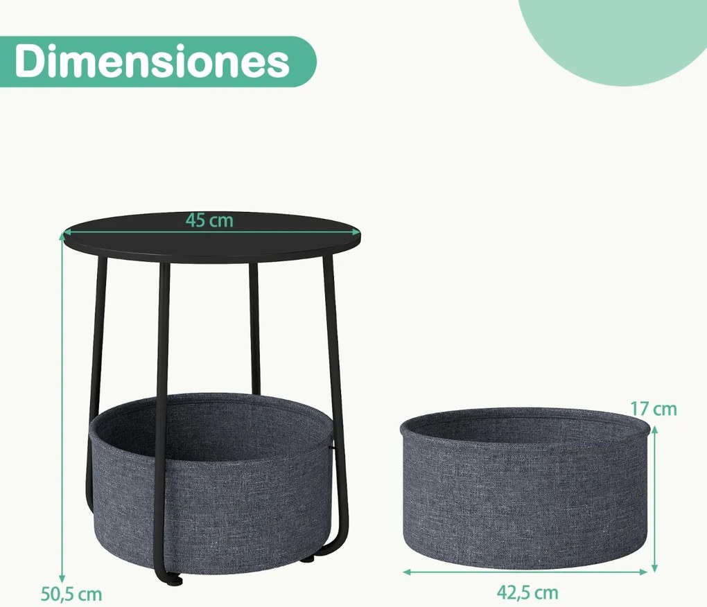 Mesa apoio, Mesa de cabeceira redonda 45 x 45 x 50,5 cm de 2 níveis com cesto de armazenamento em tecido pequena moderna Preta
