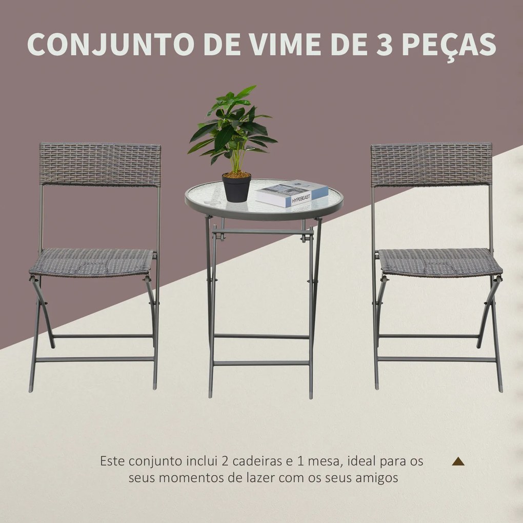 Conjunto de Mesa e 2 Cadeiras Móveis Ratan para Jardim Dobrável Estrutura Aço - 61x46x84cm Castanho