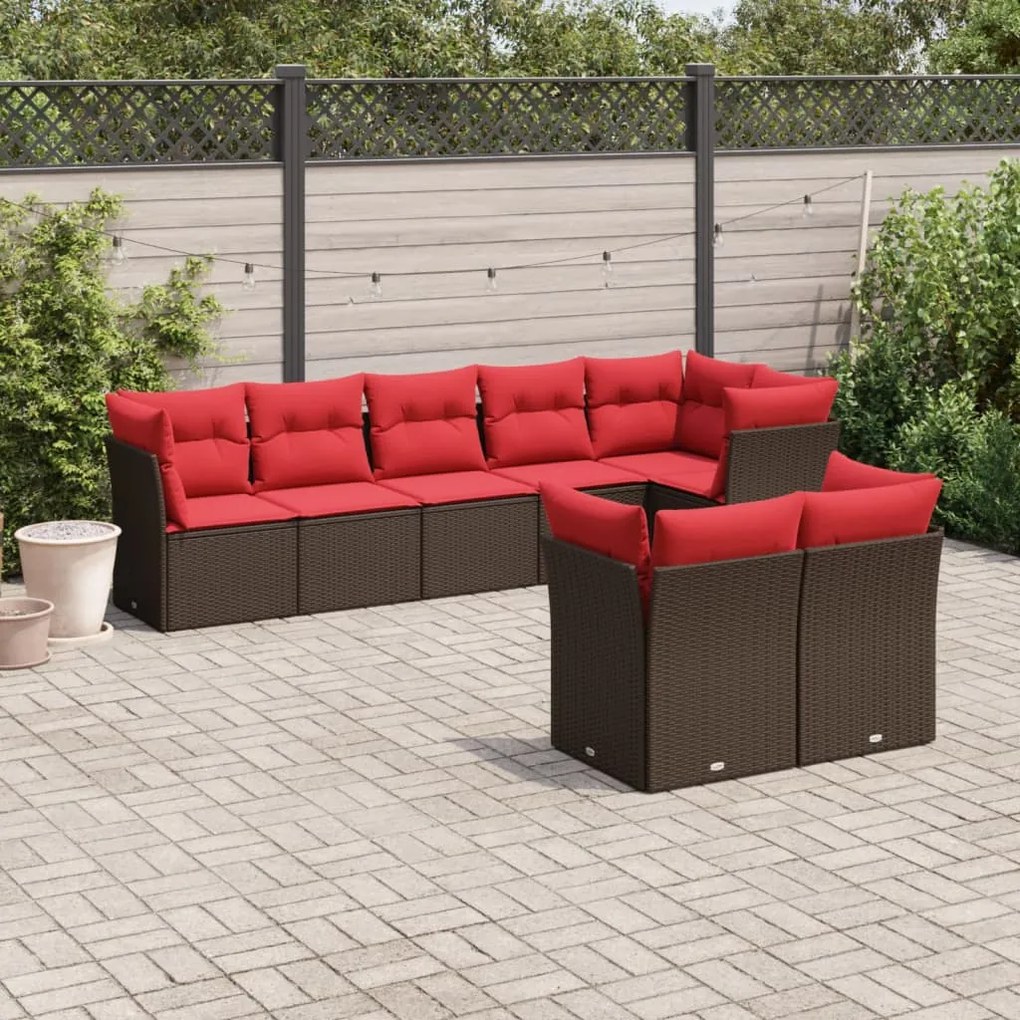 vidaXL 8 pcs conjunto sofás de jardim c/ almofadões vime PE castanho