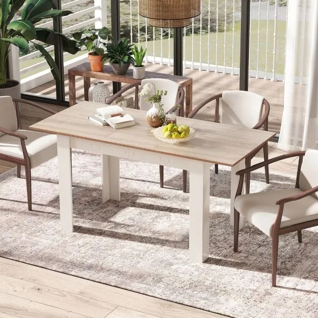 Mesa de jantar extensível moderna 158 x 70 x 76 cm (BANCOS NÃO INCLUIDOS) com pernas em L e superfície ajustável 110 kg Branca e natural