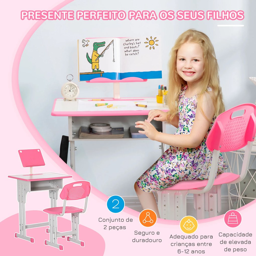 HOMCOM Conjunto de Secretária e Cadeira para Crianças de 6-12 Anos Secretária Infantil com Altura Ajustável 1 Gaveta 1 Suporte para Lápis e 1 Prateleira para Livros 60x45x90-120 cm Rosa