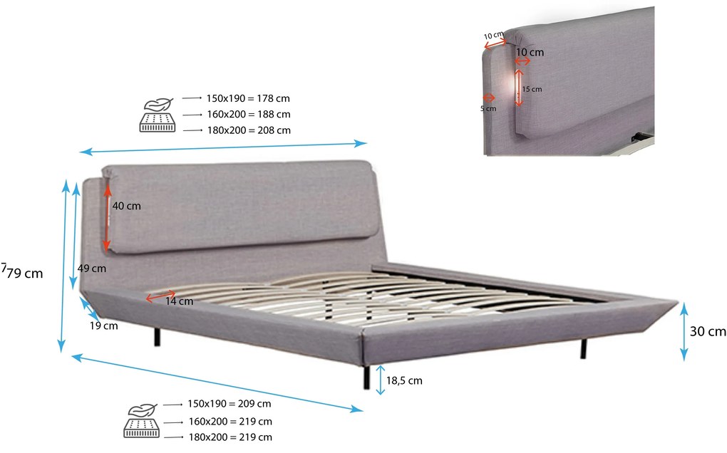Cama de Casal Flutuante "Beatrice" em Cinzento - 150x190 cm – Design M