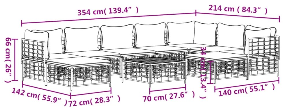 10pcs conjunto lounge de jardim c/ almofadões vime PE antracite