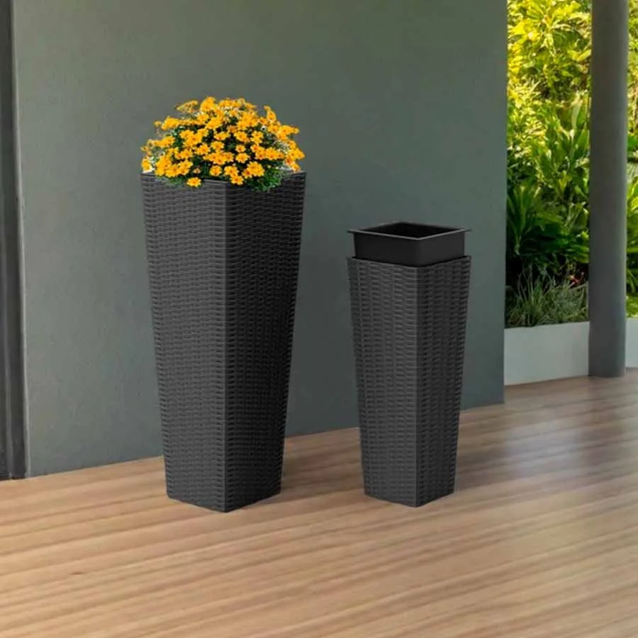 Conjunto de 2 vasos jardim em rattan, 2 peças, vasos grandes para exterior com orifícios de drenagem removíveis, Pretos