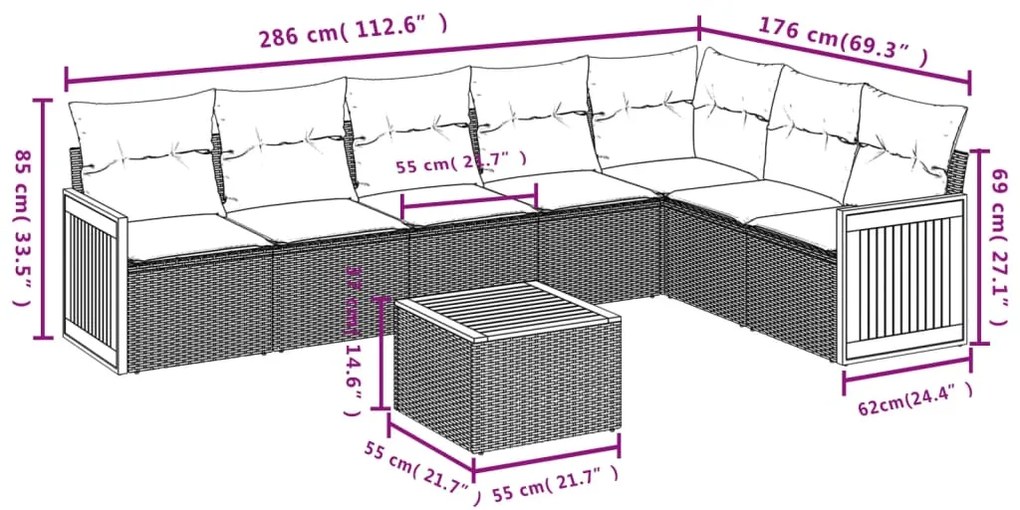8 pcs conjunto sofás de jardim c/ almofadões vime PE cinzento