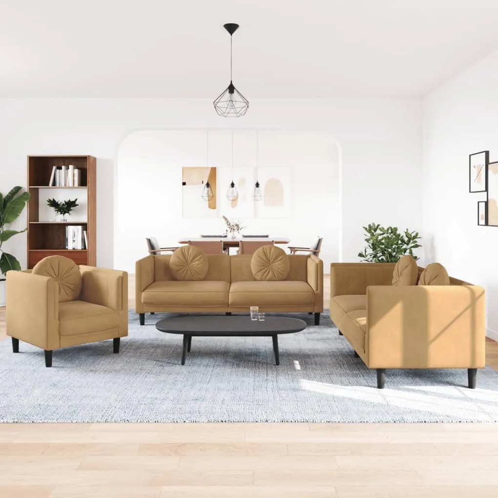 3 pcs conjunto de sofás com almofadas veludo castanho