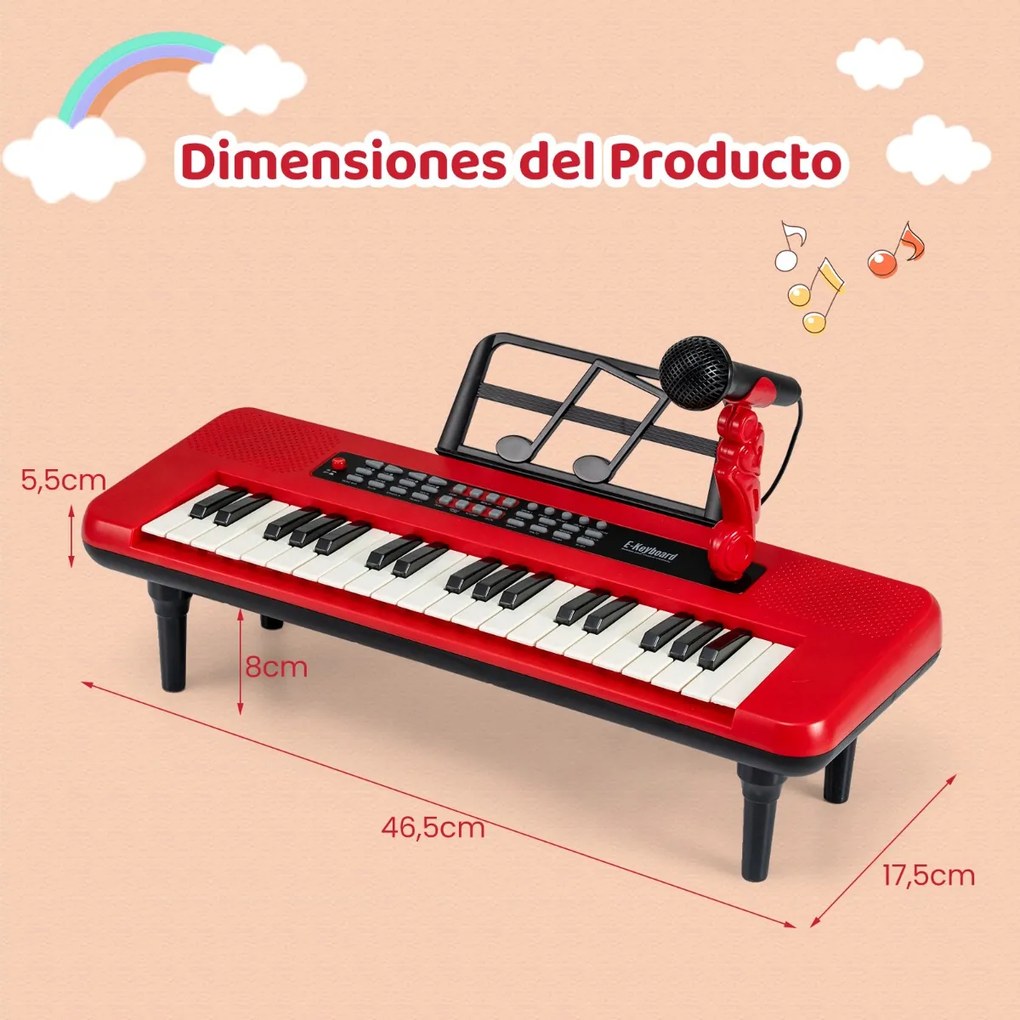 Teclado de 37 teclas para crianças com microfone, suporte e pés removíveis para maiores de 3 anos. Vermelho
