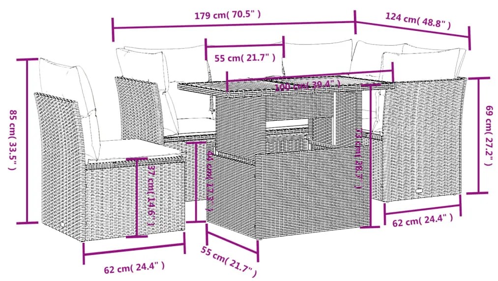 5 pcs conjunto sofás de jardim c/ almofadões vime PE cinzento