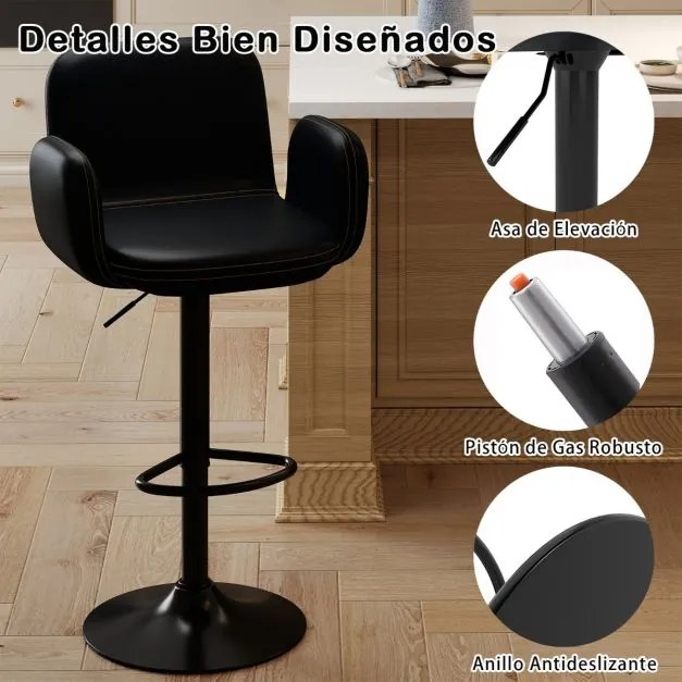Conjunto de 2 bancos giratórios de bar com altura ajustável, assento acolchoado, apoios de braços e apoios para os pés para sala de jantar, cozinha ou