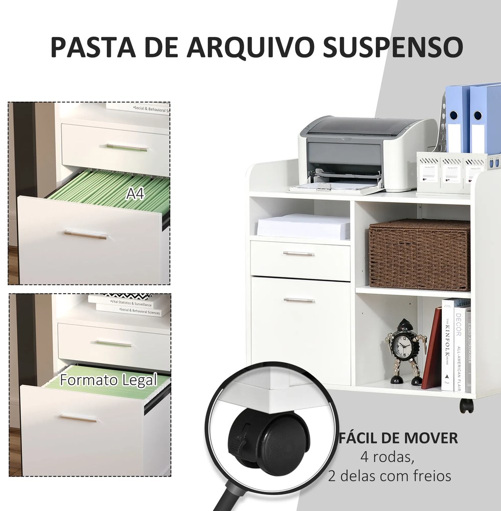 Armário para Impressora com 3 Compartimentos 2 Gavetas para Arquivos Prateleira 2 Rodas com Freios 80x40x72 cm Branco