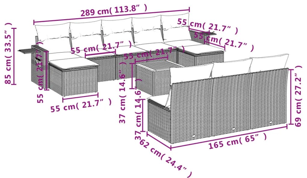 11 pcs conjunto sofás de jardim c/ almofadões vime PE bege