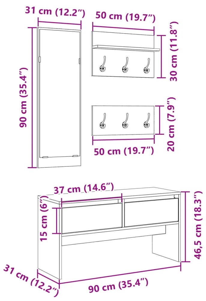 4 pcs conj. móveis corredor deriv. de madeira carvalho sonoma