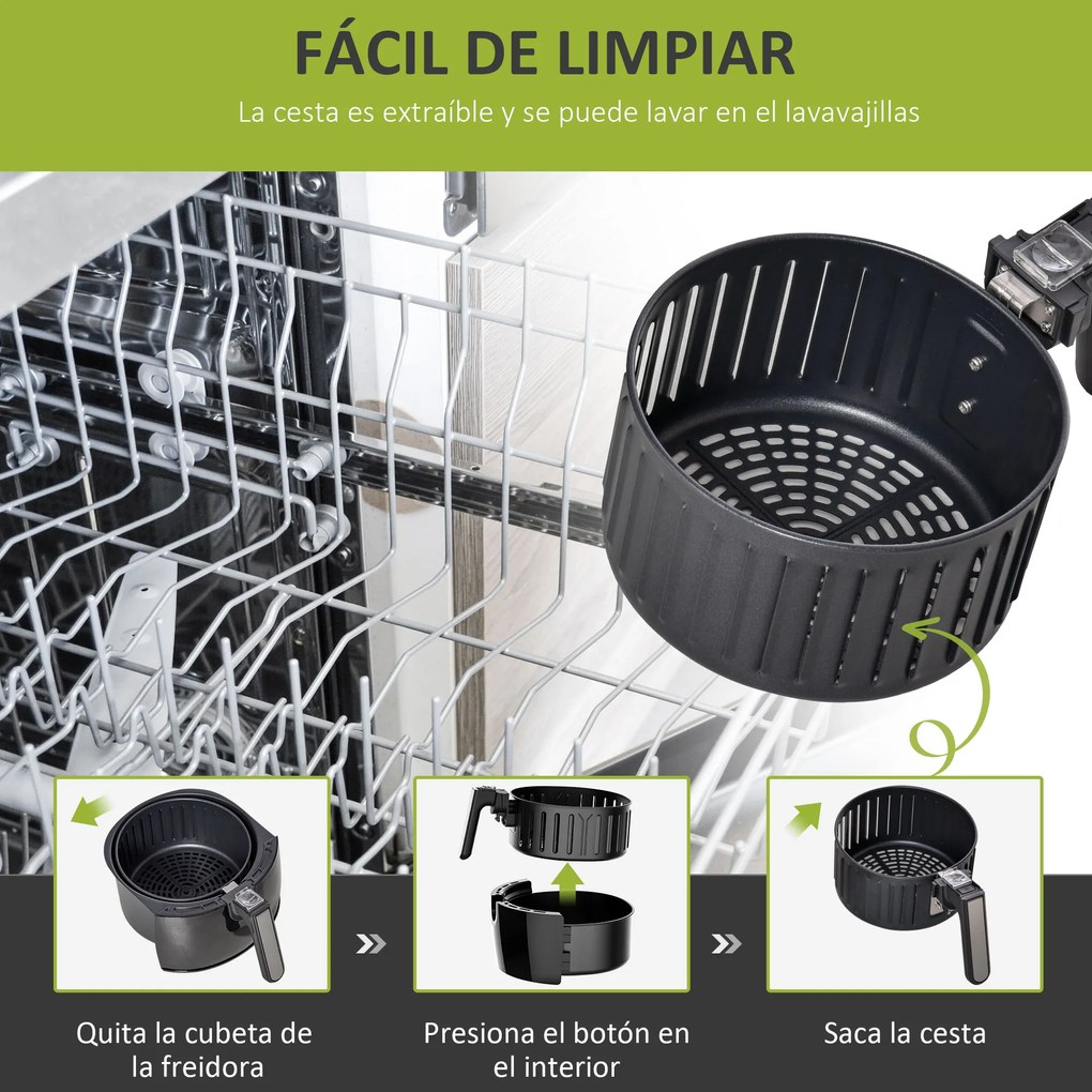 HOMCOM Fritadeira sem Óleo 3,5L Fritadeira de Ar Inteligente 15000W com Tela Tátil 7 Programas Temporizador Temperatura Ajustável e Desligamento Automático 34,4x28,1x30,6cm Preto