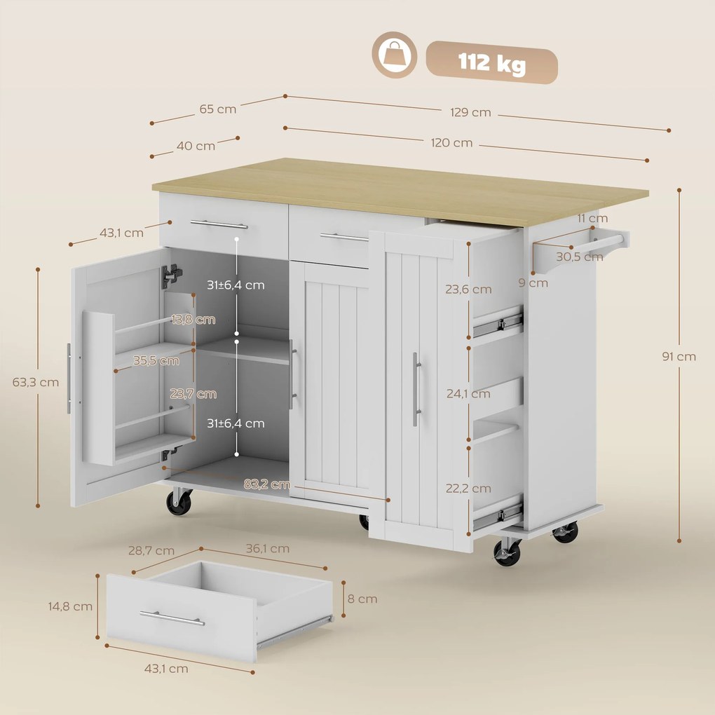 Ilha, Carrinho de Cozinha com Rodas Bancada Dobrável 2 Portas com Fecho Suave e Bandeja Extraível 129x65x91 cm Branco