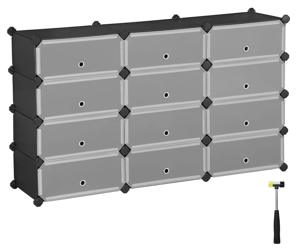 Armário sapateira de plástico arrumação 12 compartimentos preto, portas semi-transparentes