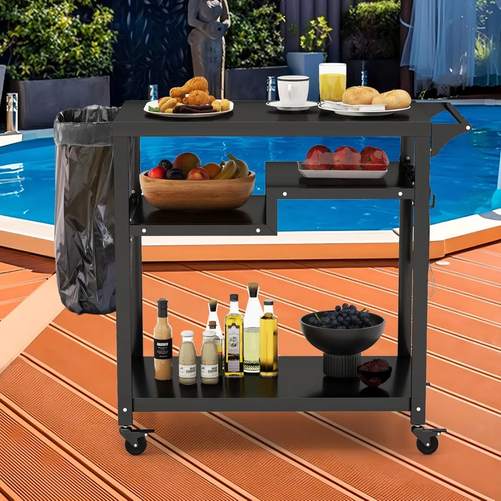 Carrinho de churrasco para exterior com 3 Estantes com 4 rodas e tábua de metal 111 x 50,5 x 93 cm Preto