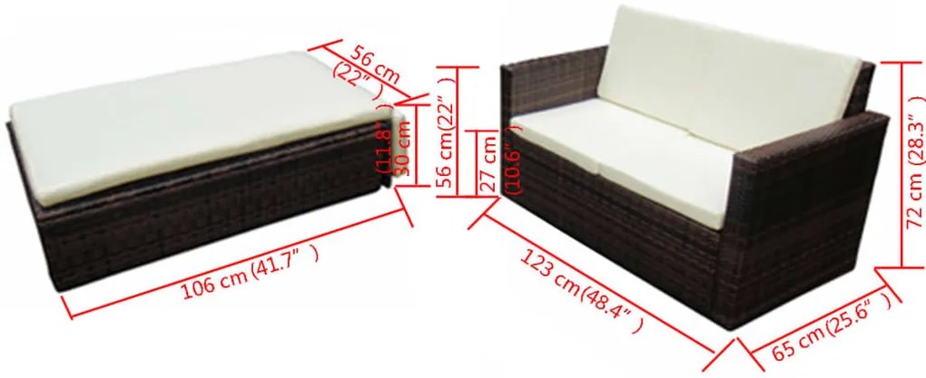 2 pcs conjunto lounge jardim c/ almofadões vime PE castanho