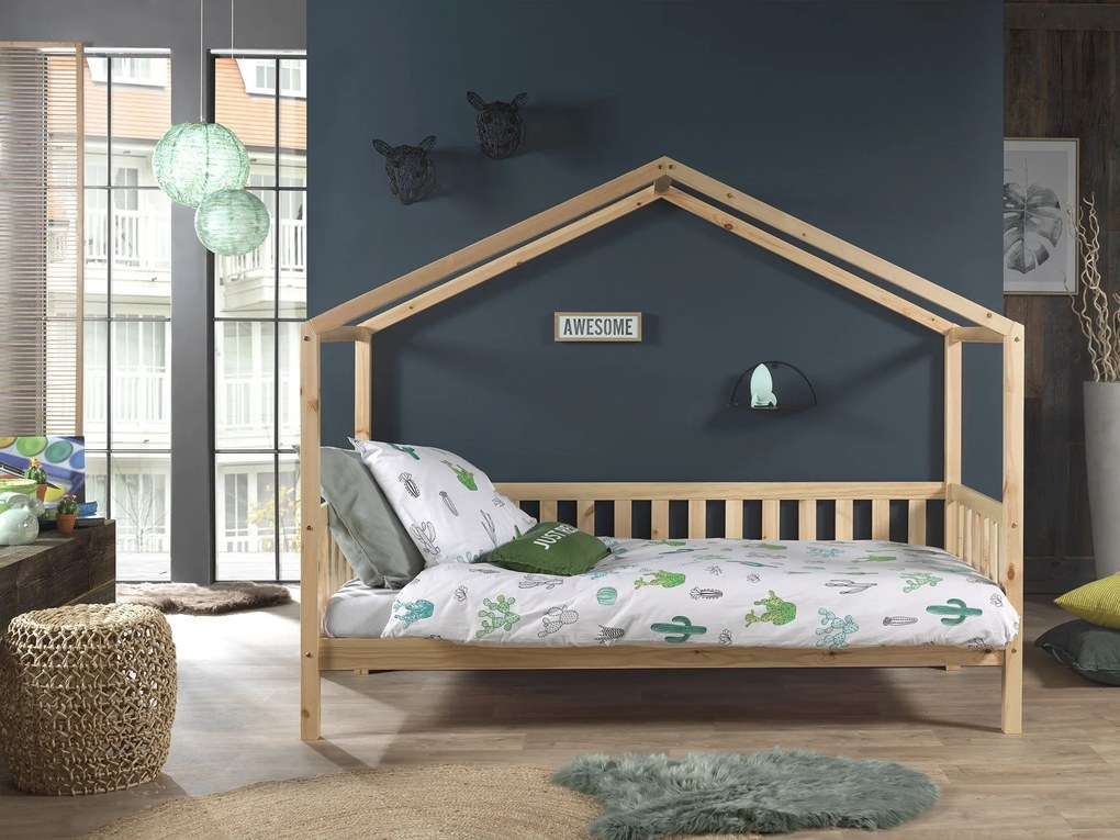 Cama infantil de Casa DALLAS MH 90x200 Com Ripas e Estrado Natural