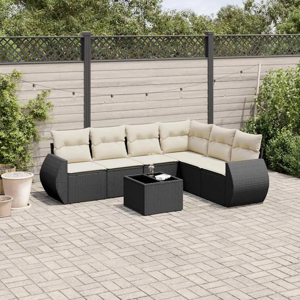 7 pcs conjunto de sofás p/ jardim c/ almofadões vime PE preto