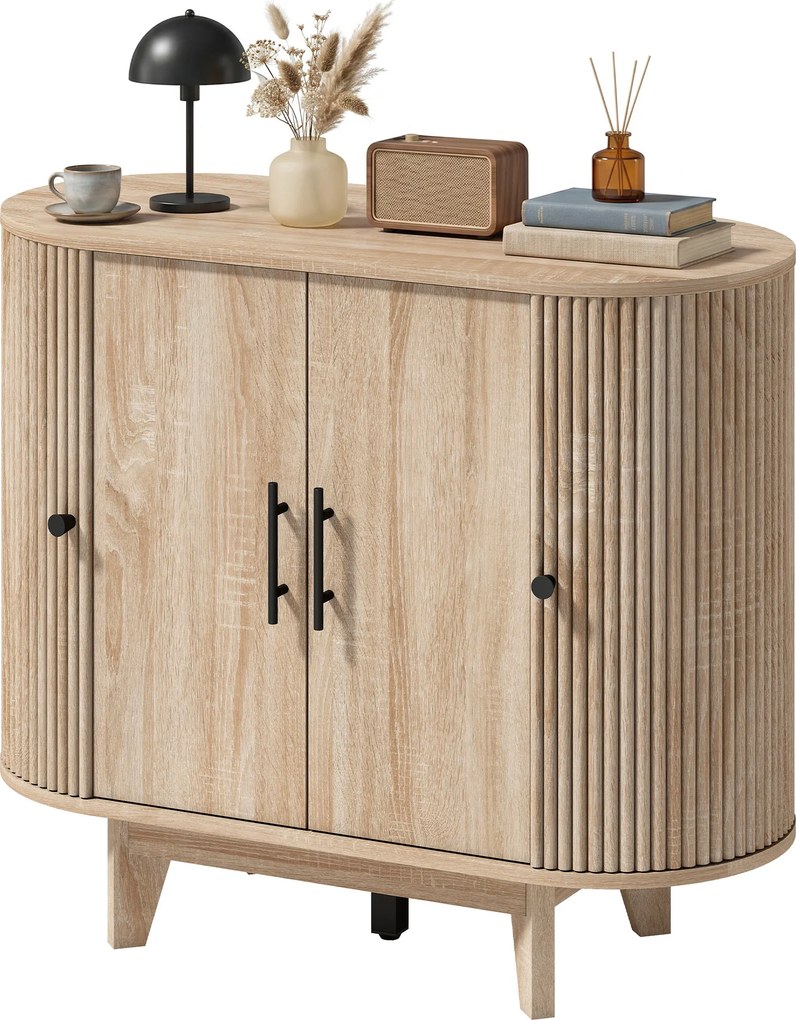 Aparador de sala, móvel de arrumação oval com 4 portas e prateleira ajustável, 90 x 40 x 76 cm, carvalho