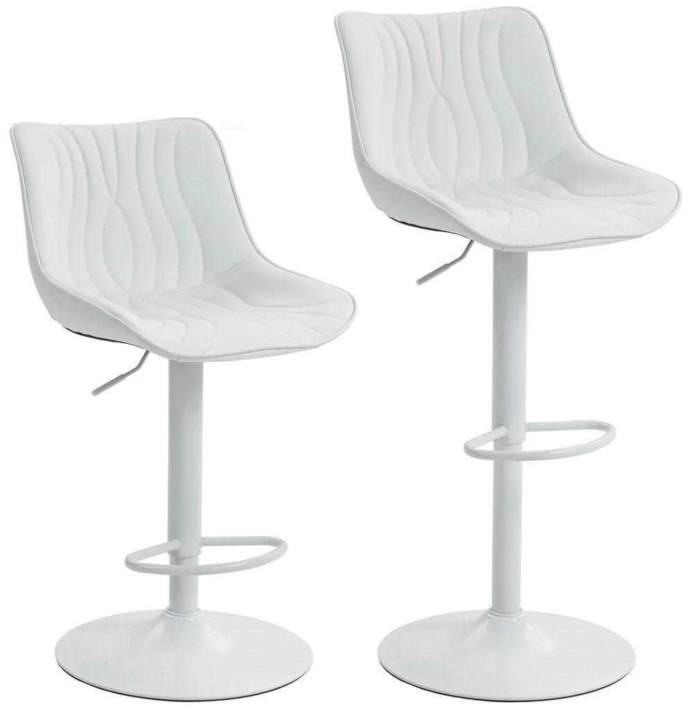 HOMCOM Conjunto de 2 Bancos de Bar Bancos Altos de Cozinha Giratórios com Altura Ajustável e Couro Sintético 47,5x54x92-110 cm Branco