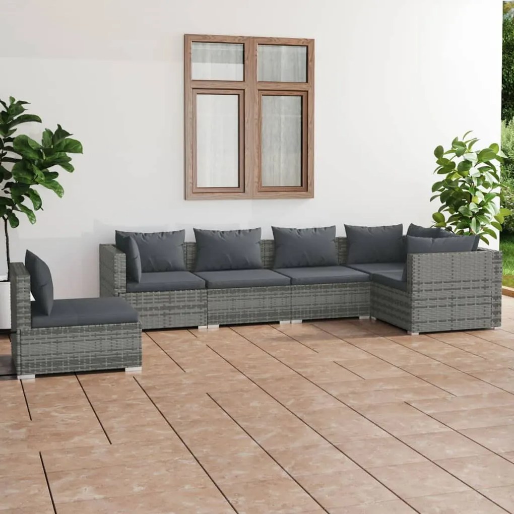 3102325 vidaXL 6 pcs conjunto lounge de jardim c/ almofadões vime PE cinzento