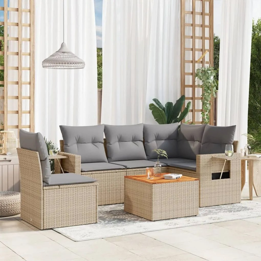 6 pcs conj. sofás jardim c/ almofadões vime PE bege misturado