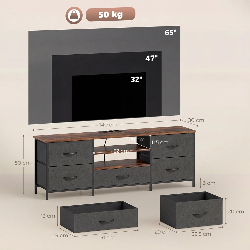 Móvel para televisão 140 x 30 x 50 cm, móvel para televisão de 65 polegadas, estação de carregamento, 5 gavetas em tecido, prateleiras abertas, castan