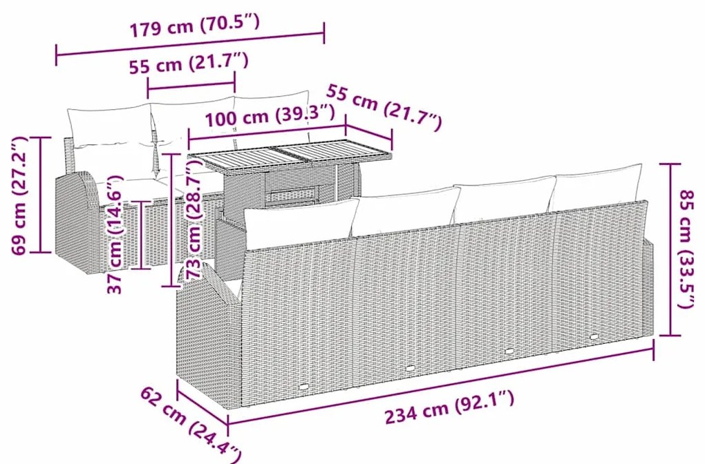 Conjunto de Jantar para Jardim com 8 Peças e Almofadas Cinza em Rattan