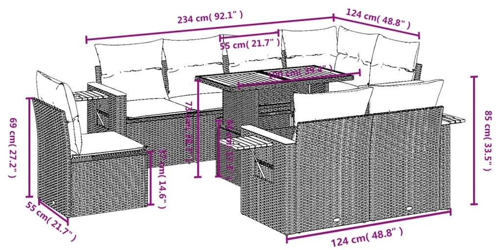 9 pcs conjunto sofás p/ jardim com almofadões vime PE cinzento