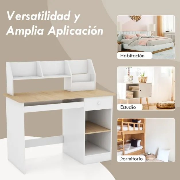 Mesa de estudo para crianças em madeira para computador com tabuleiro para teclado Estantes com gavetas 90 x 45 x 90 cm Natural+Branco