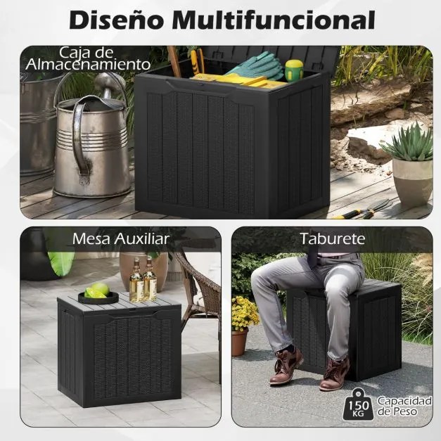 Caixa de armazenamento exterior de 96 L com tampa com fechadura e textura de rattan tecido  56 x 41 x 50,5 cm preto