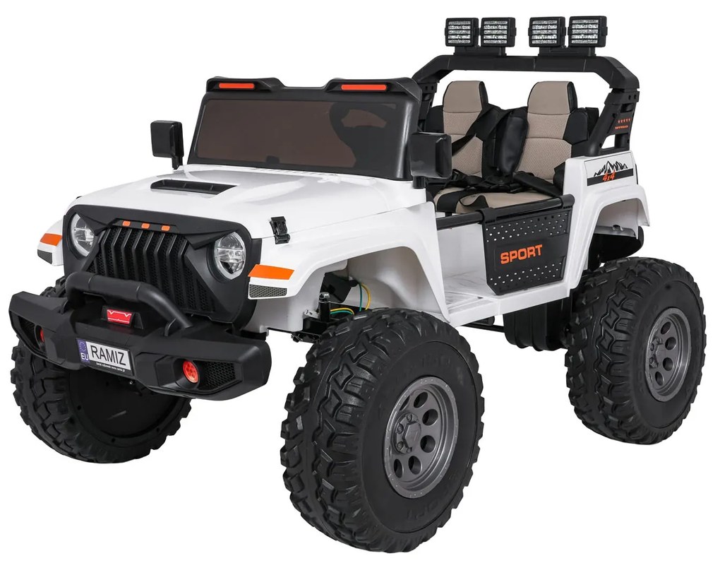 Carro elétrico para Crianças 2 Lugares Extreme Sport 4x4 24V Pneus Espuma EVA, assento couro ecológico Branco