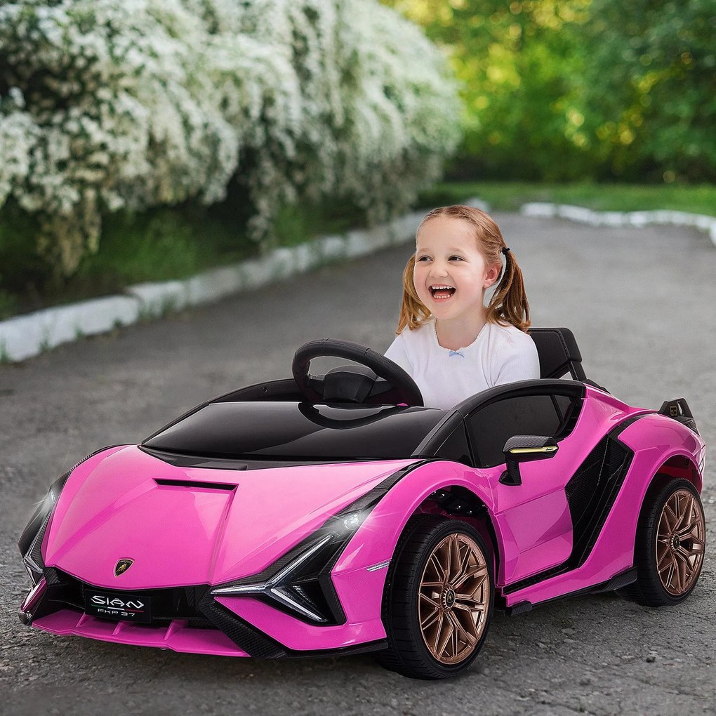 Carro Elétrico Lamborghini SIAN 12V para Crianças de 3-8 anos com Controlo Remoto Abertura da Porta Música MP3 USB e Faróis 108x62x40cm Rosa