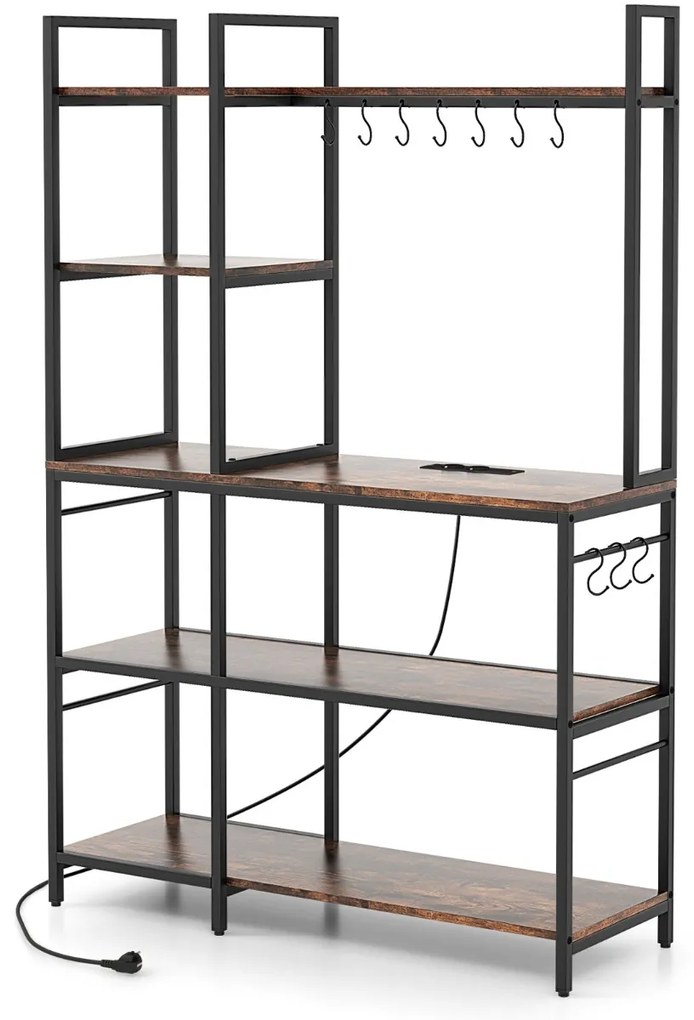 Estante de 5 níveis para cozinha com 2 tomadas e com 10 ganchos 107 x 37 x 160 cm para micro-ondas Castanha