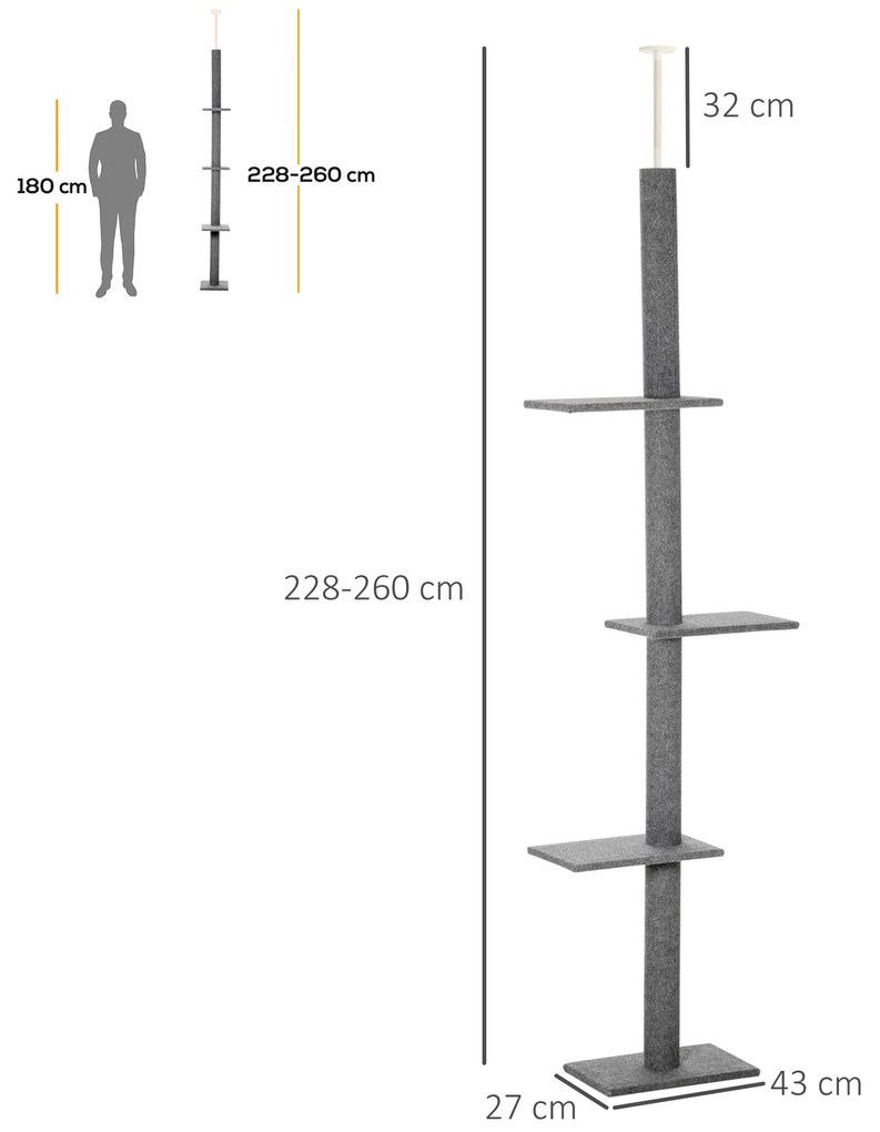 Arranhador para Gatos de Chão ao Teto com Altura Ajustável 4 Plataformas e Poste de Sisal 43x27x228-260 cm Cinza