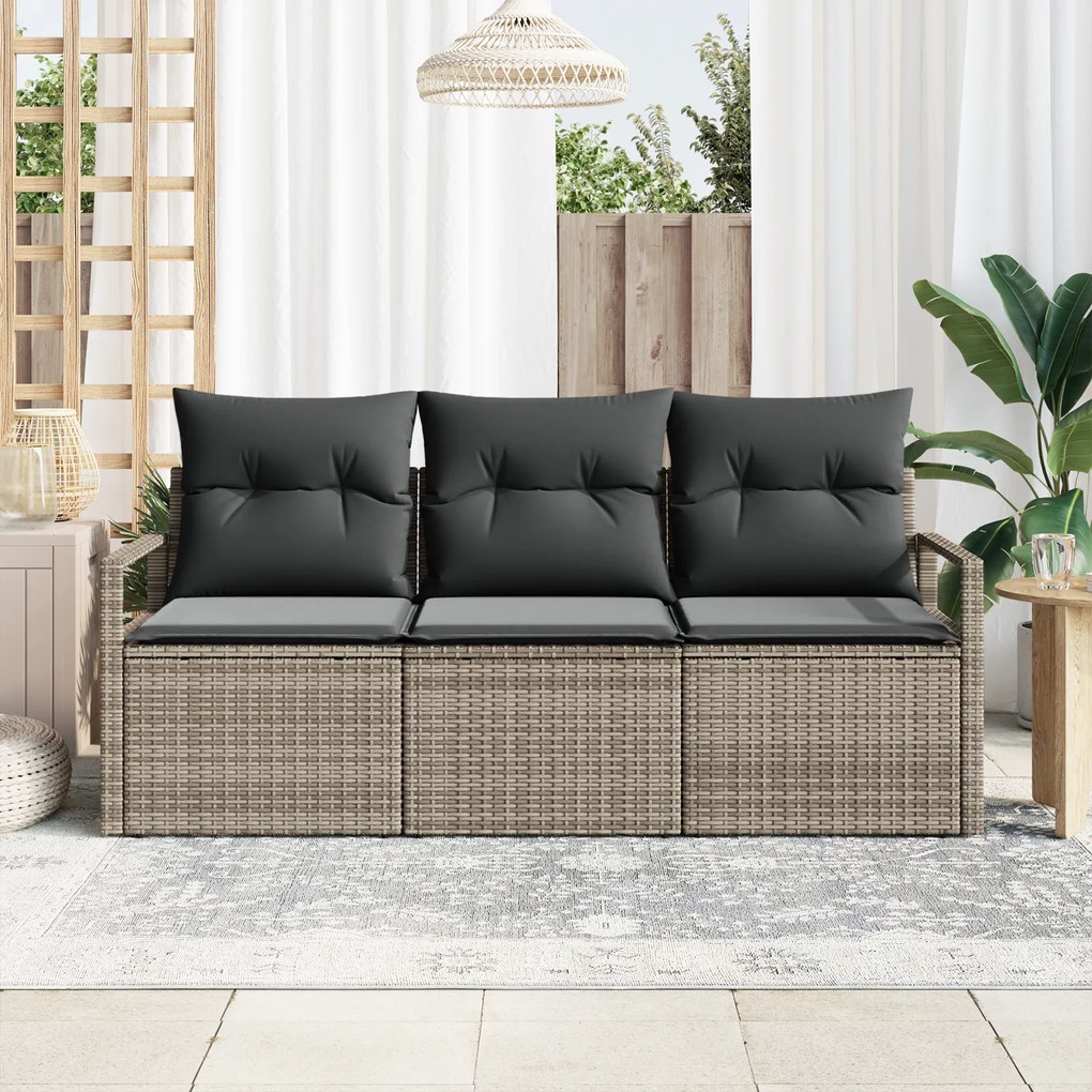 Conjunto de Sofá de Jardim de 3 Peças com Almofadas Cinzento Vime PE
