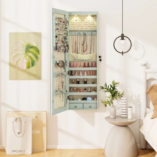 Armário de joias em madeira com espelho de parede e LED interno Organizador de porta ou parede com chave 35,5 x 10 x 120 cm Verde Claro