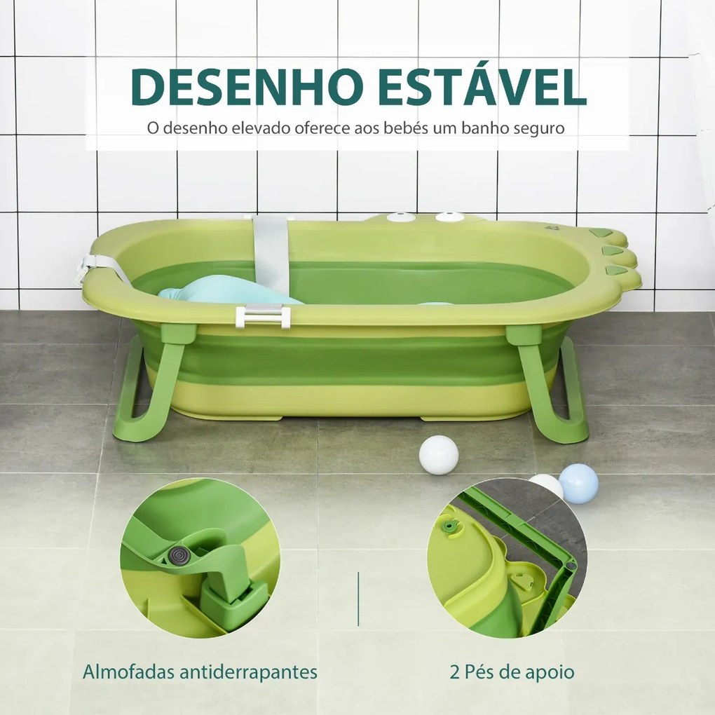 Banheira Dobrável para Bebé Recém Nascido até 3 Anos 50L com Almofada Confortável e Pés Dobráveis 80x53,9x20,8cm Verde