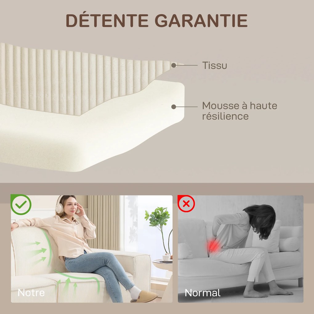 Canapé 3 places en velours côtelé 230 cm, canapé moderne, pas de montage nécessaire, beige FR