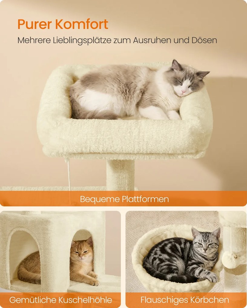 Arranhador para gatos 48 x 48 x 136 cm com 3 plataformas, cor bege